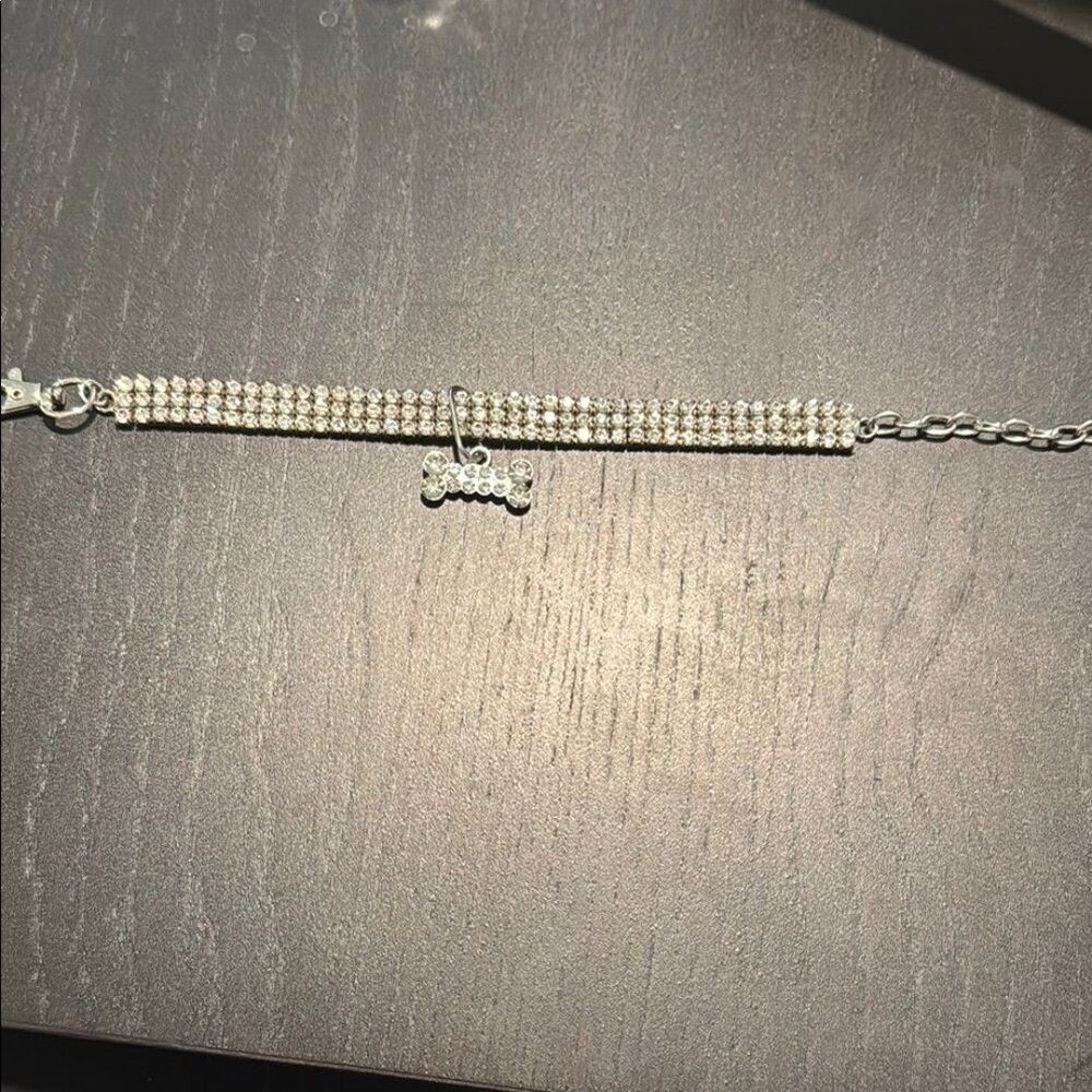 Sparkling Silver Rhinestone dog collar with Bone Charm